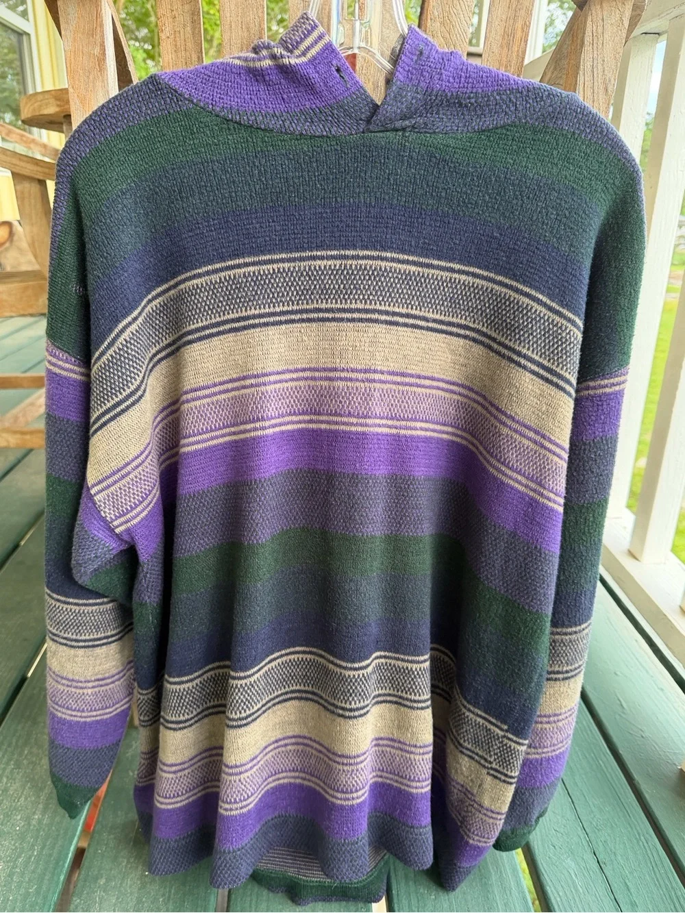 VTG 90s PAZZO Hooded Baja Sweater Purple Green Oatmeal Striped Skater Streetwear